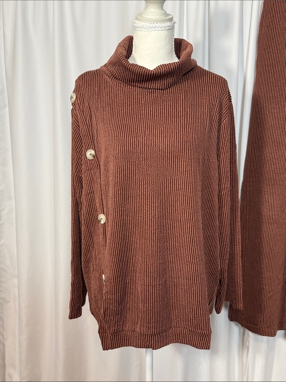 Cozy Cowl-Neck Knit Sweater & Wide-Leg Pants Set - Chocolate - Picture 3 of 9